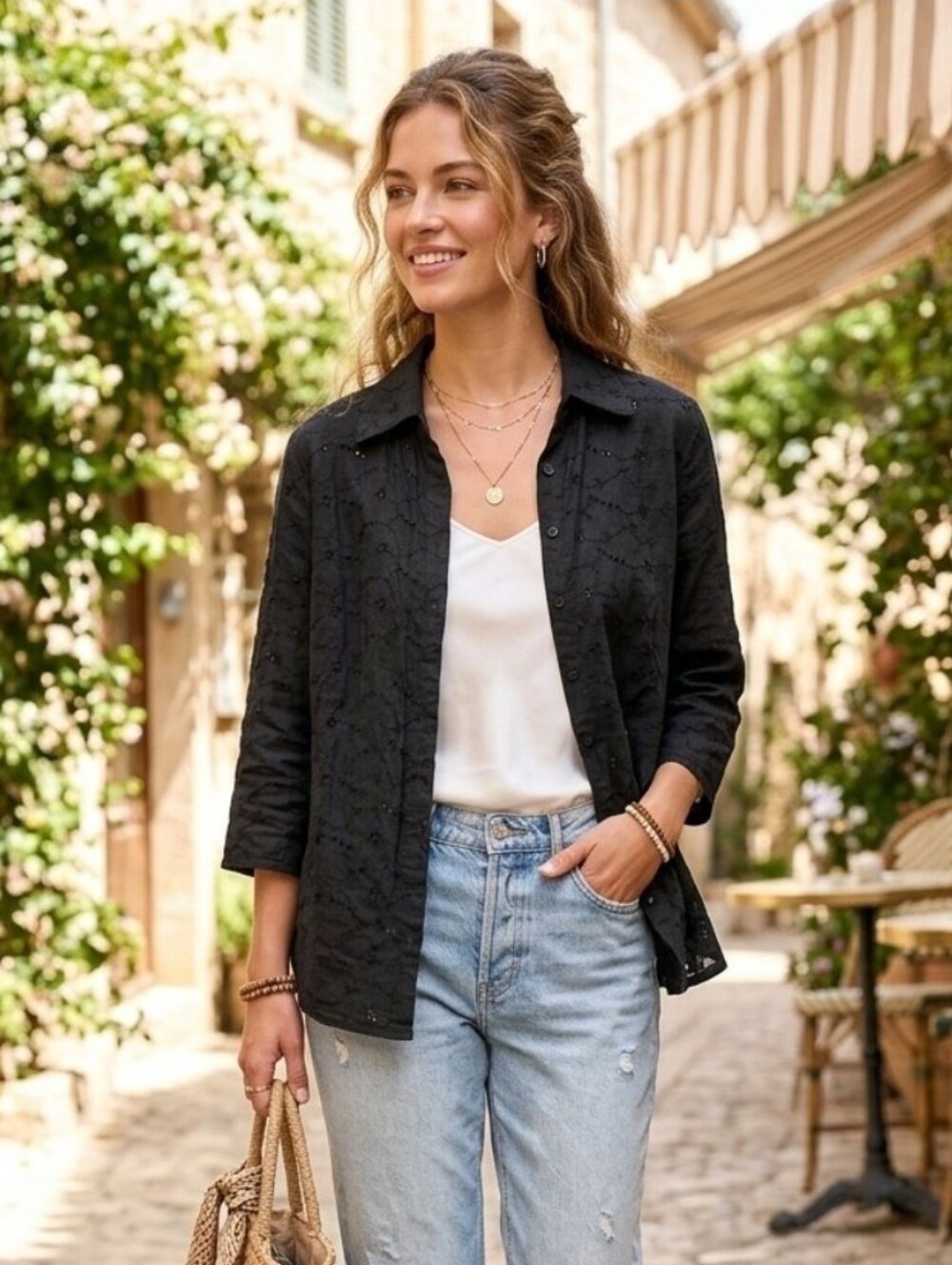 Johnny Was black eyelet button-down blouse